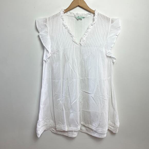 True Destinations Tops - White Pintuck Boho Crochet Fringe Tunic Top Small Cotton Flutter Sleeve Coastal